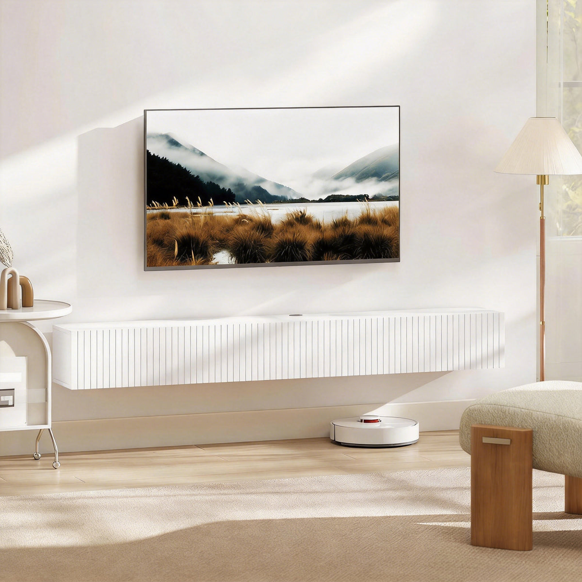 Meuble TV suspendu 180 cm blanc cannelé