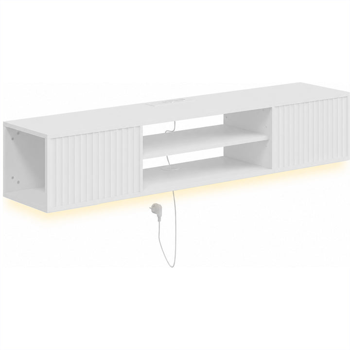 Meuble TV suspendu blanc cannelé avec ruban LED et prise, vue de face