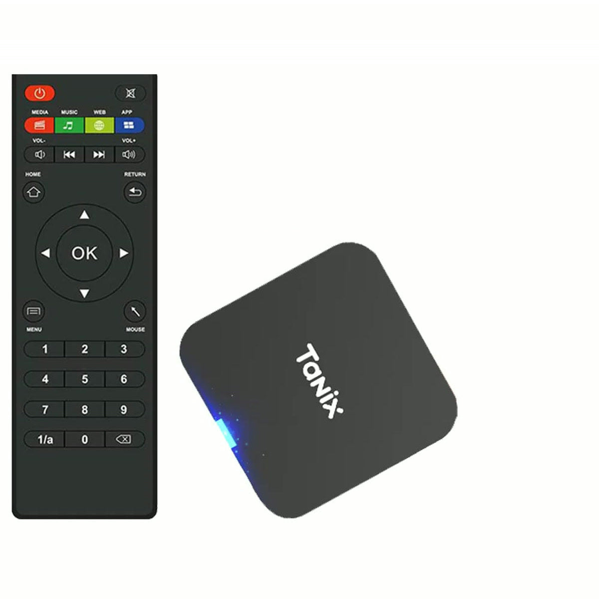 Boîtier Android TV TX1 et sa télécommande, sur fond blanc