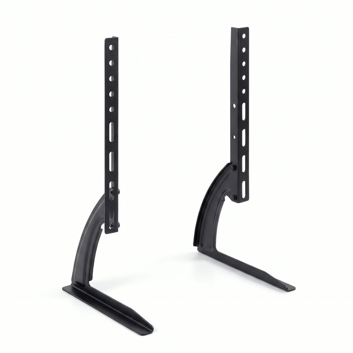 Socle de table universel pour TV, deux pieds en acier noir avec montants VESA, sur fond blanc