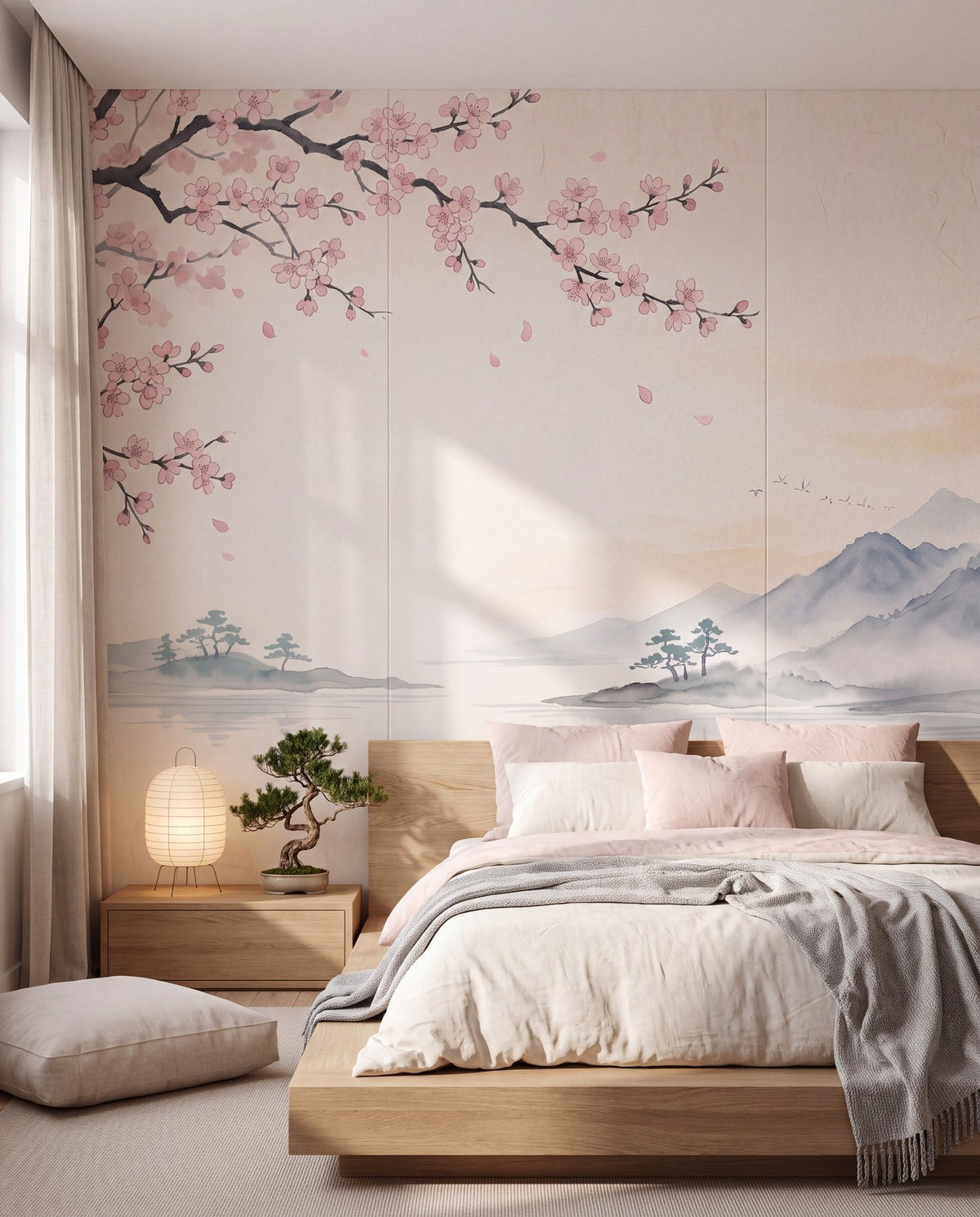 Papier peint panoramique japonisant Cerisier et lac dans une chambre
