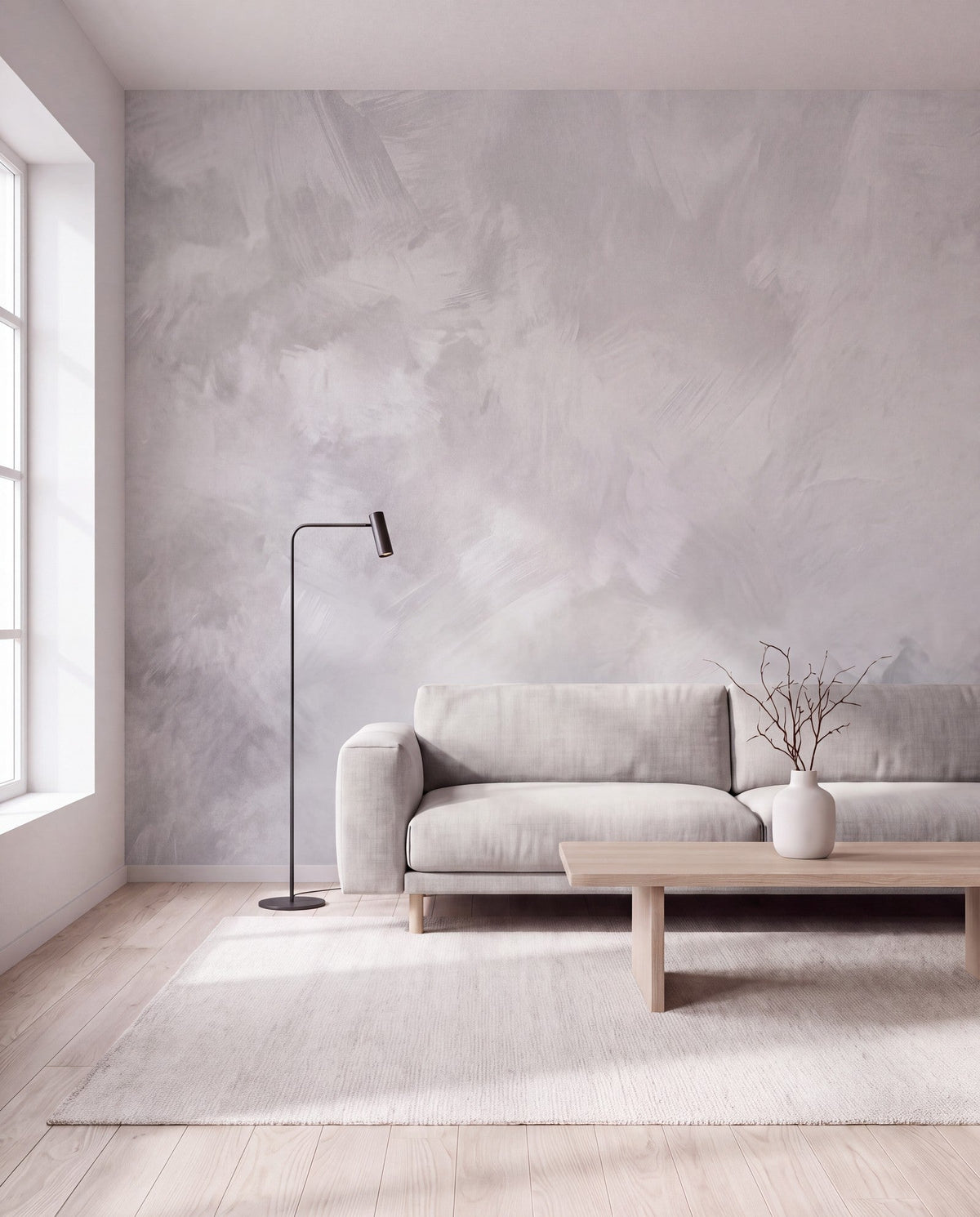 Papier peint panoramique Matière minérale gris perle dans un salon contemporain, mise en situation Image