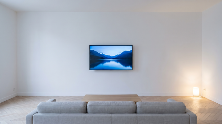 Canapé face à un téléviseur de 43 pouces accroché à un grand mur blanc