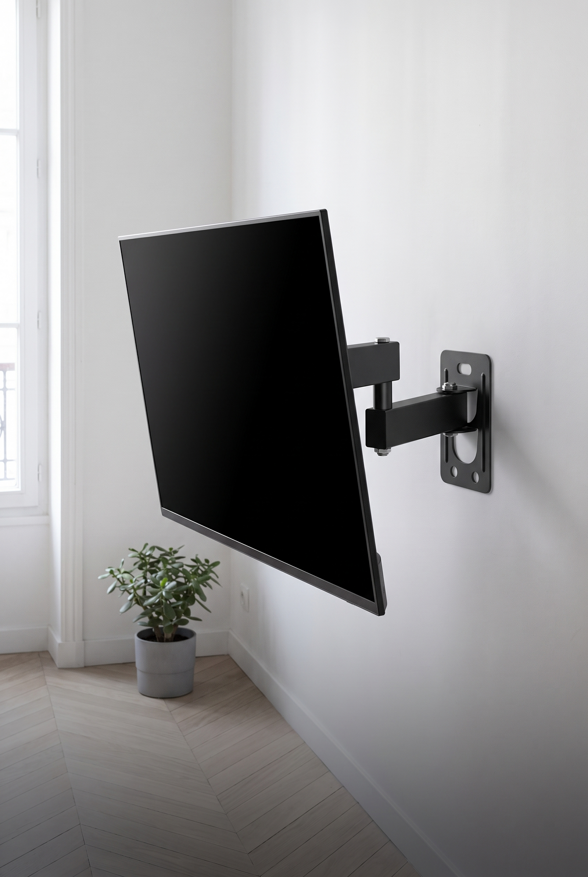 Téléviseur fixé au mur sur un support à bras articulé noir Image