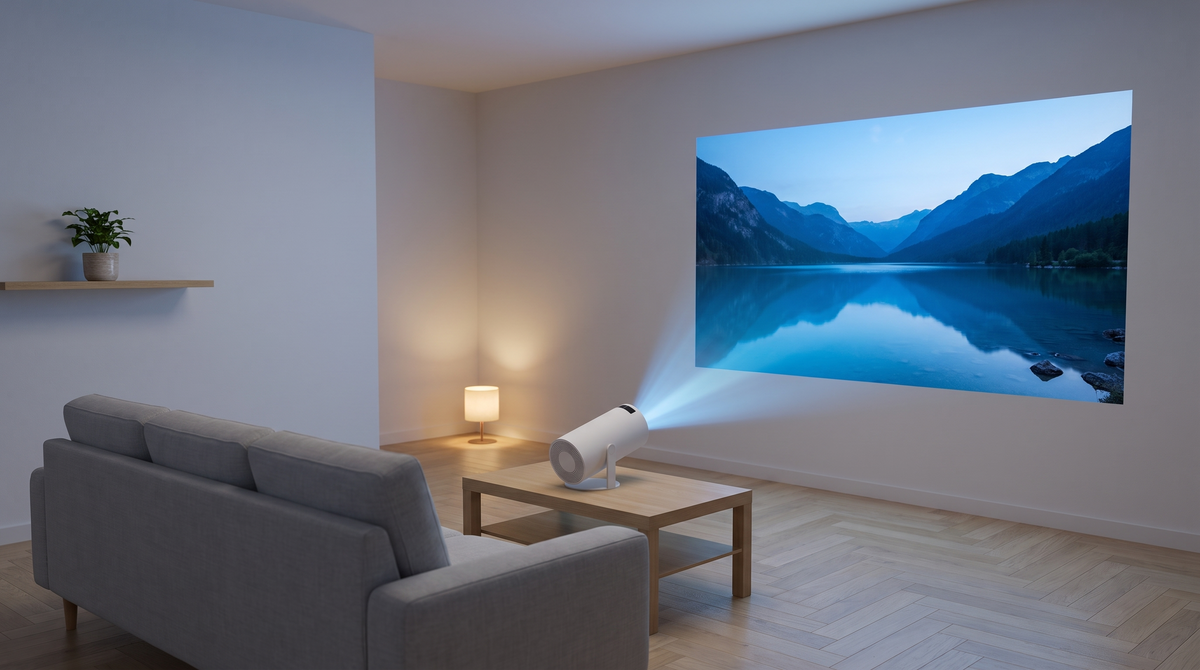 Salon le soir, vidéoprojecteur sur la table basse, grande image sur le mur blanc Image