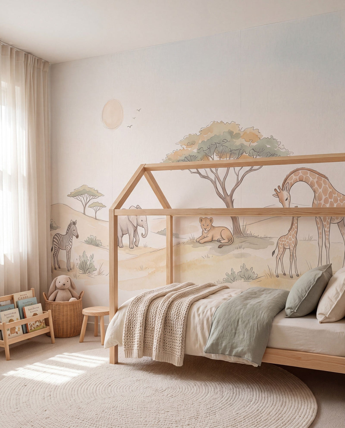 Papier peint panoramique Savane douce dans une chambre d'enfant : girafe et son petit, éléphanteau, lionceau sous un acacia