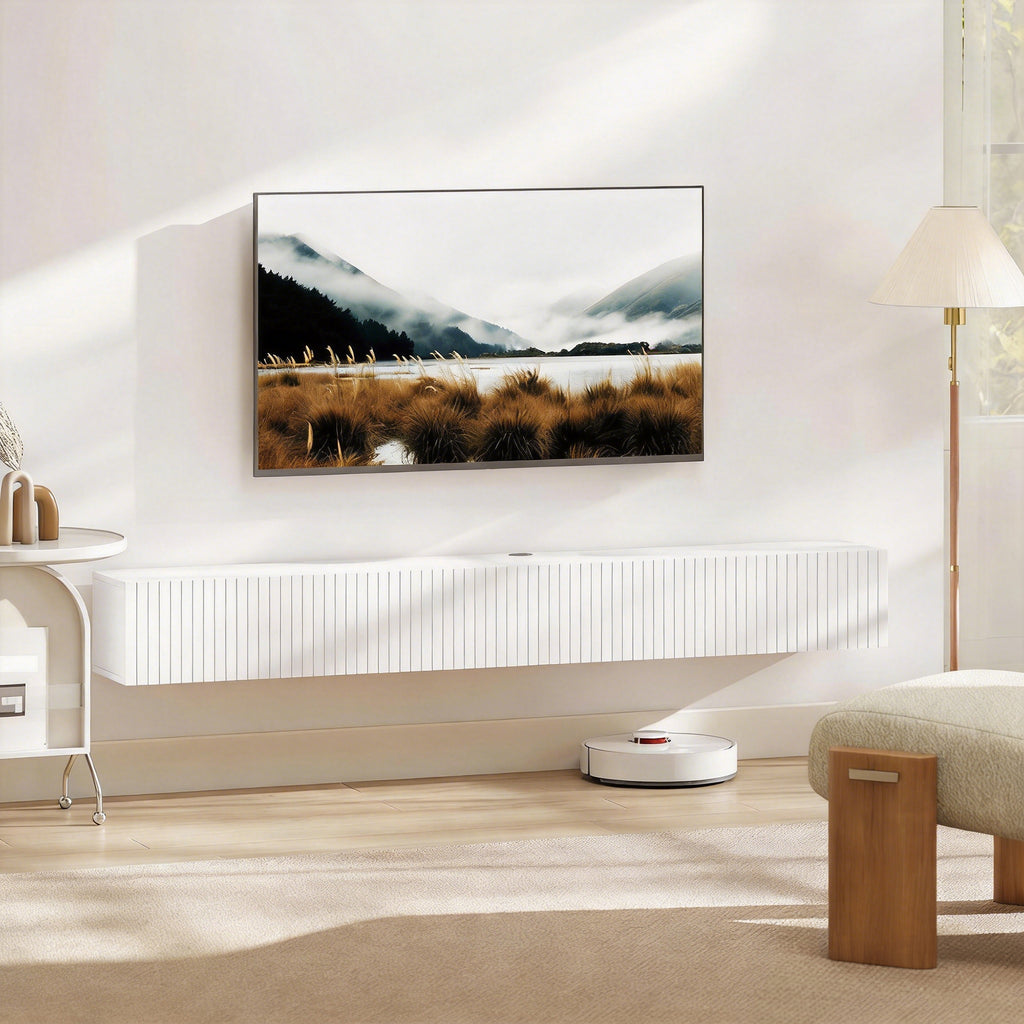 Meuble TV suspendu 180 cm blanc cannelé