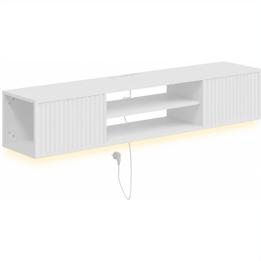 Meuble TV suspendu blanc cannelé avec ruban LED et prise, vue de face
