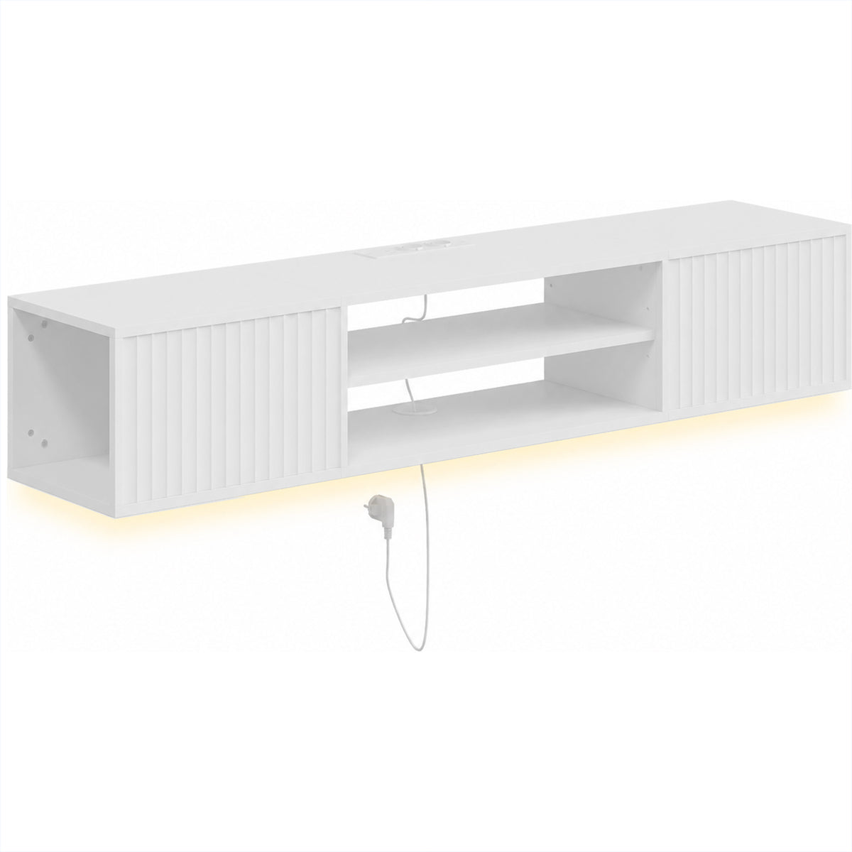 Meuble TV suspendu blanc cannelé avec ruban LED et prise, vue de face