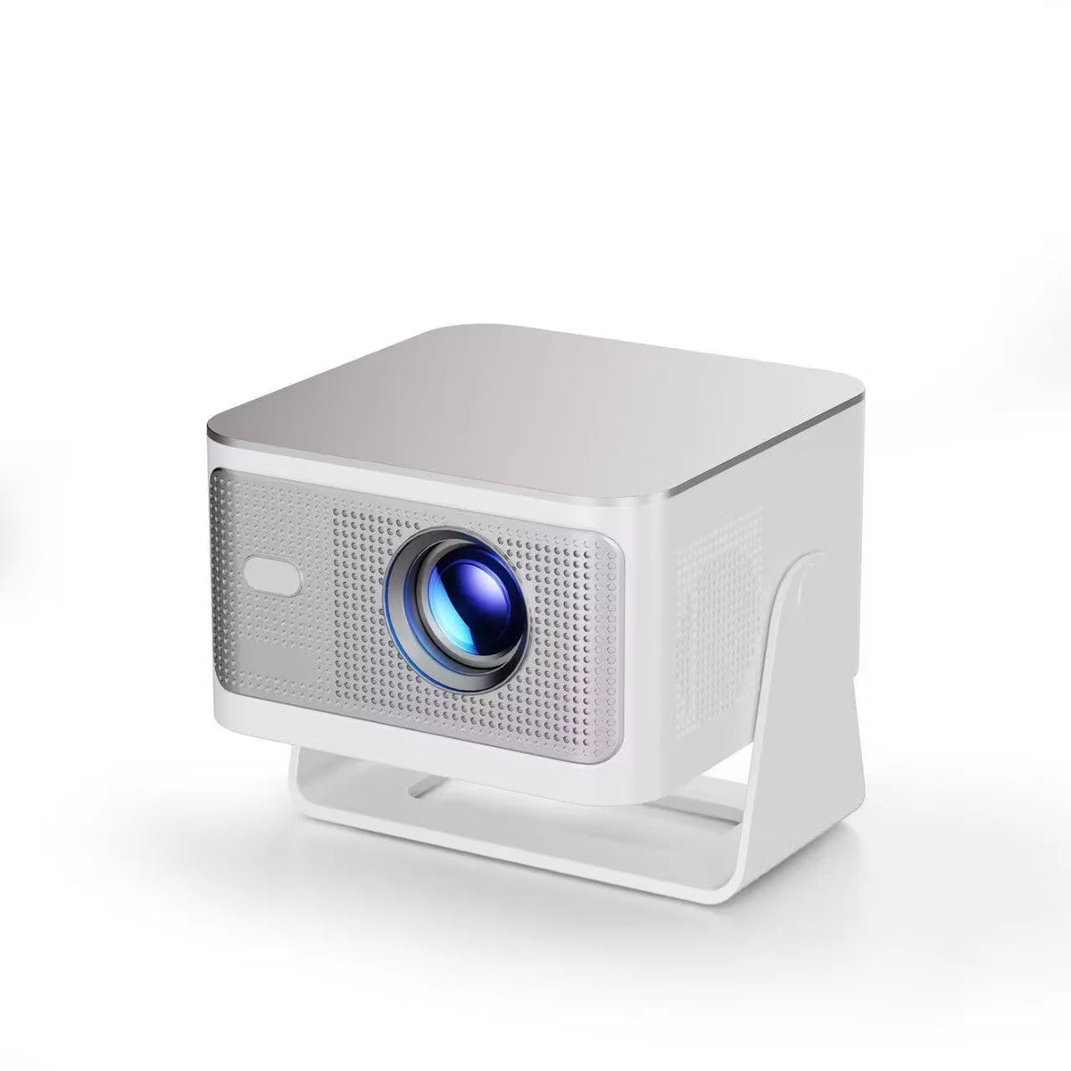 Vidéoprojecteur HY350 Max blanc sur son socle inclinable, vue de trois quarts