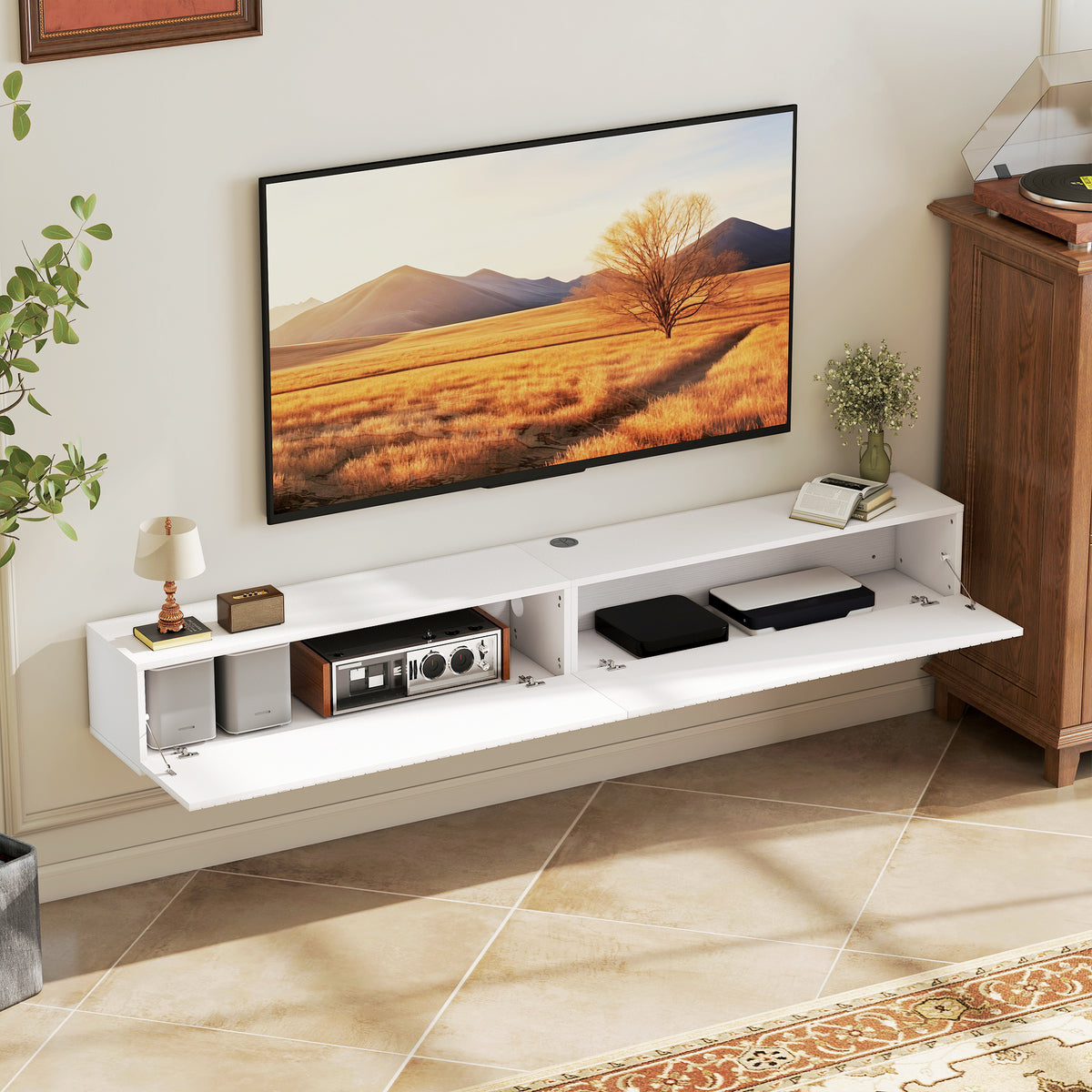 Meuble TV suspendu 180 cm blanc cannelé