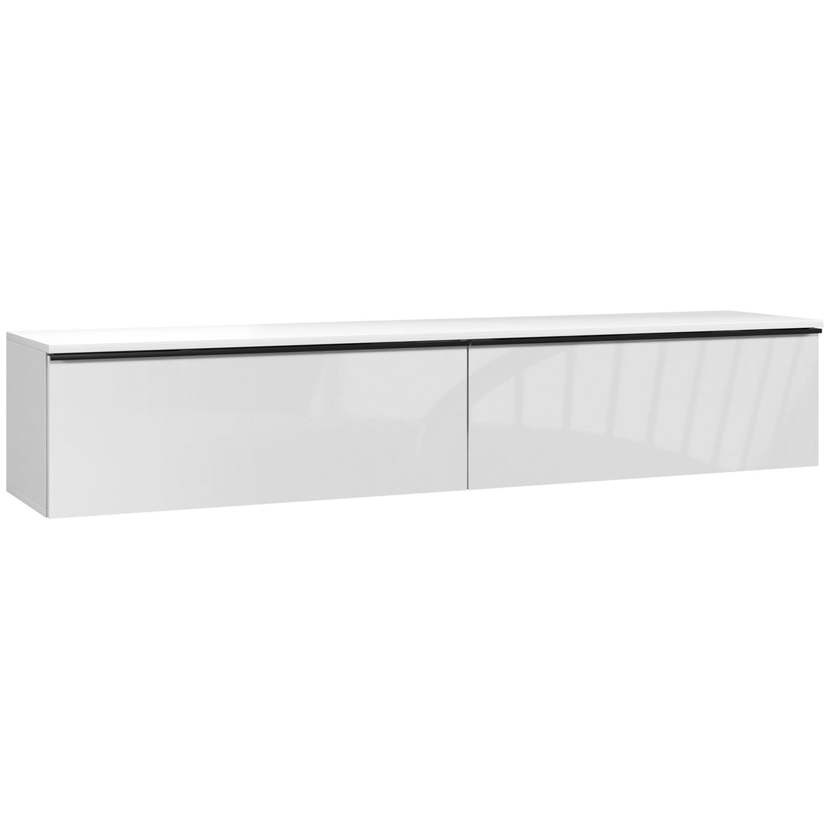 Meuble TV suspendu 160 cm blanc brillant, vue de face