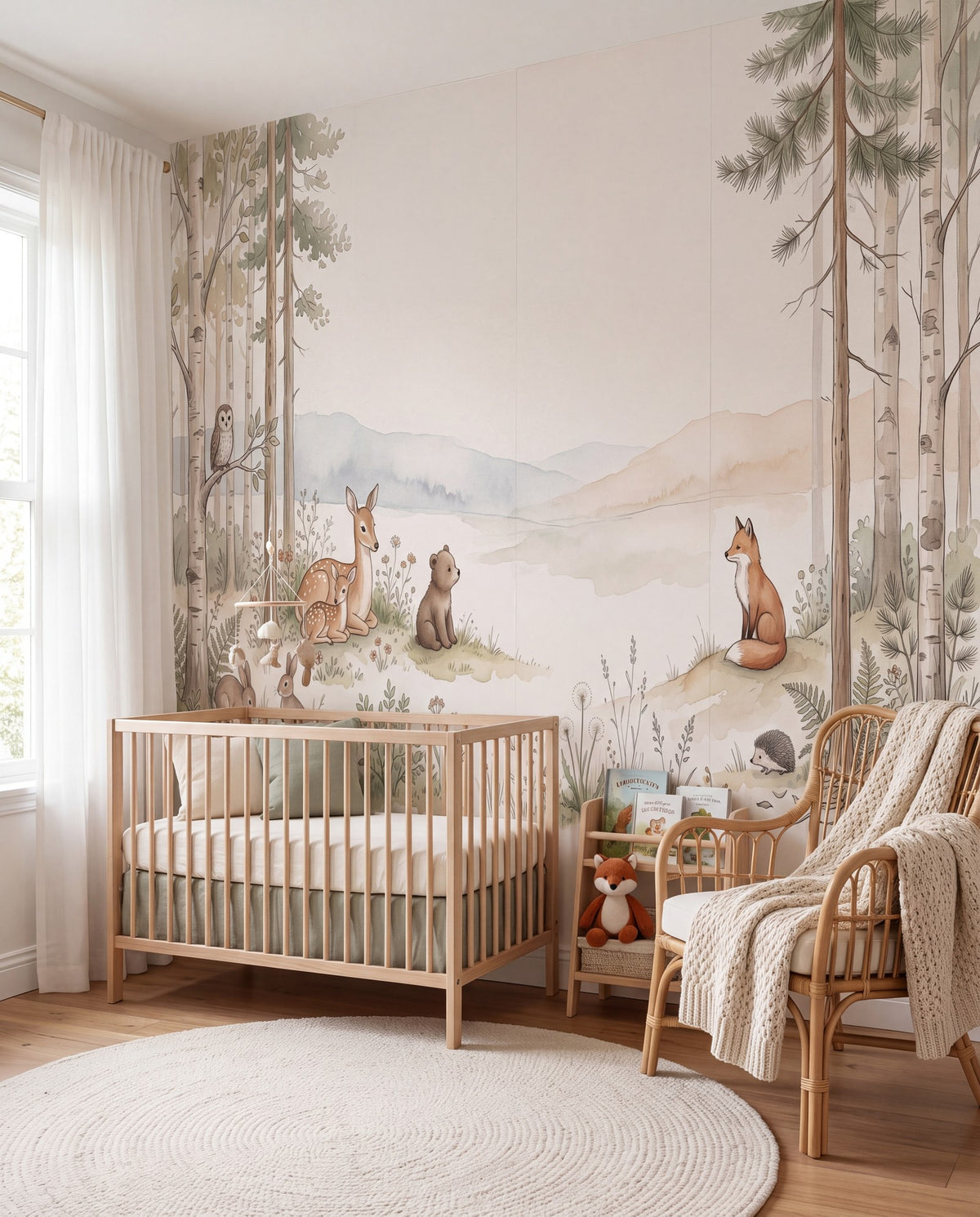Papier peint panoramique Animaux des bois dans une chambre d'enfant, mise en situation