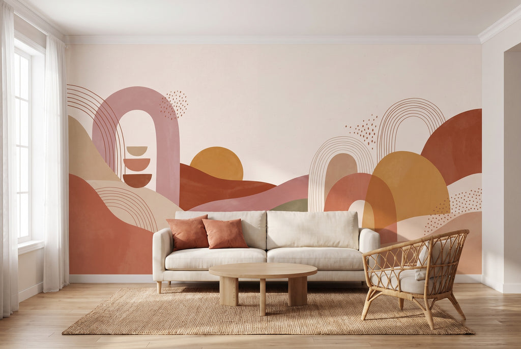 Papier peint panoramique Arches de terre posé sur tout le mur d'un salon, vue de la pièce entière