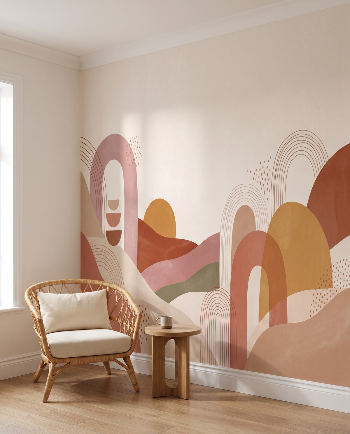 Papier peint Arches de terre vu en biais jusqu'à l'angle d'un salon, le dessin continu d'un lé à l'autre