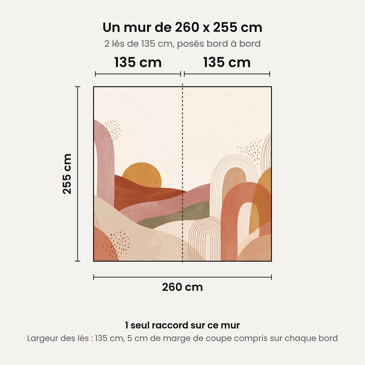Schéma : un mur de 260 x 255 cm posé en 2 lés de 135 cm, 1 seul raccord