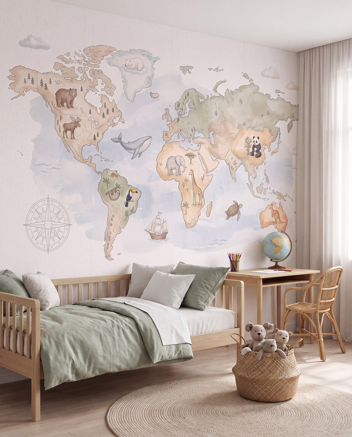 Papier peint panoramique Carte du monde des animaux dans une chambre d'enfant, mise en situation