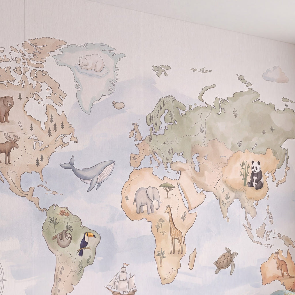 Papier peint Carte du monde des animaux posé, vu de plus près