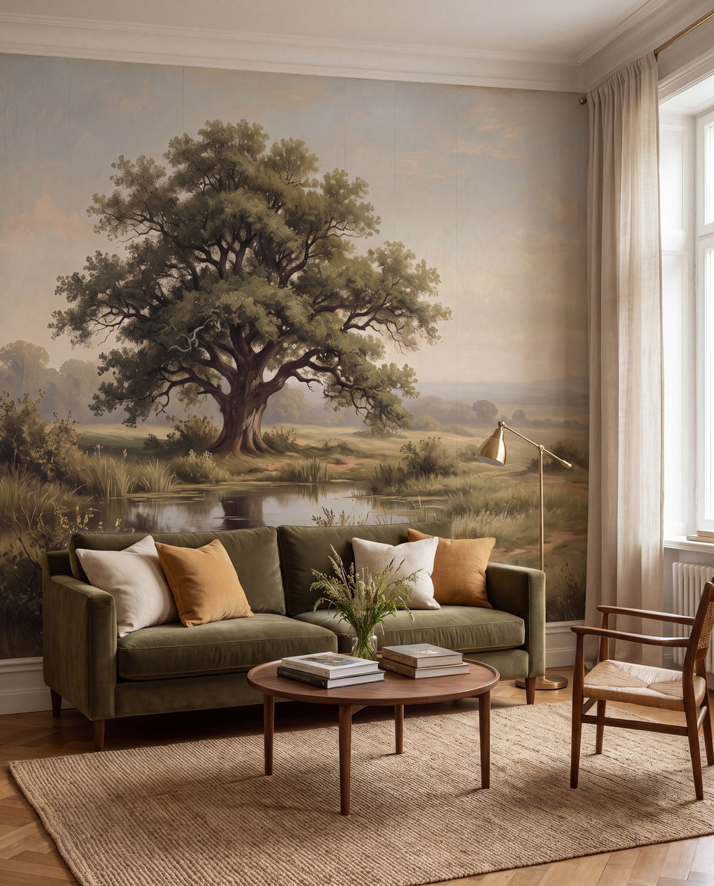 Papier peint panoramique Le chêne de la prairie dans un salon, mise en situation