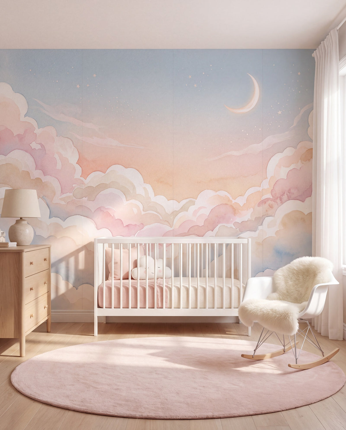 Papier peint panoramique Ciel, lune et nuages dans une chambre d'enfant, mise en situation