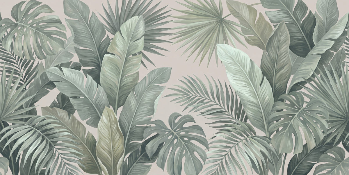 Dessin entier du panoramique Feuillage sauge : bananiers, palmes et monstera en vert sauge