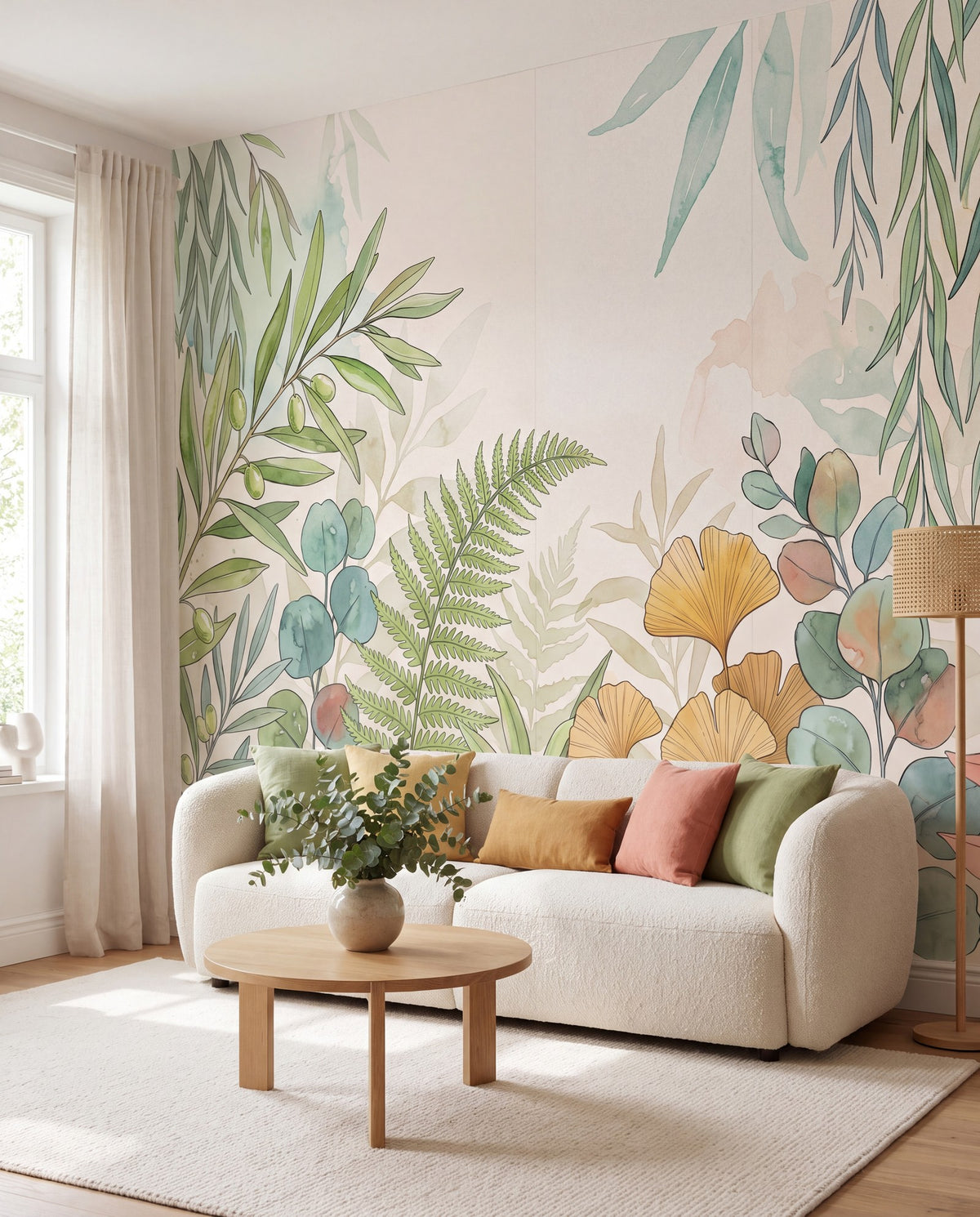Papier peint panoramique Feuillage aquarelle dans un salon lumineux, mise en situation