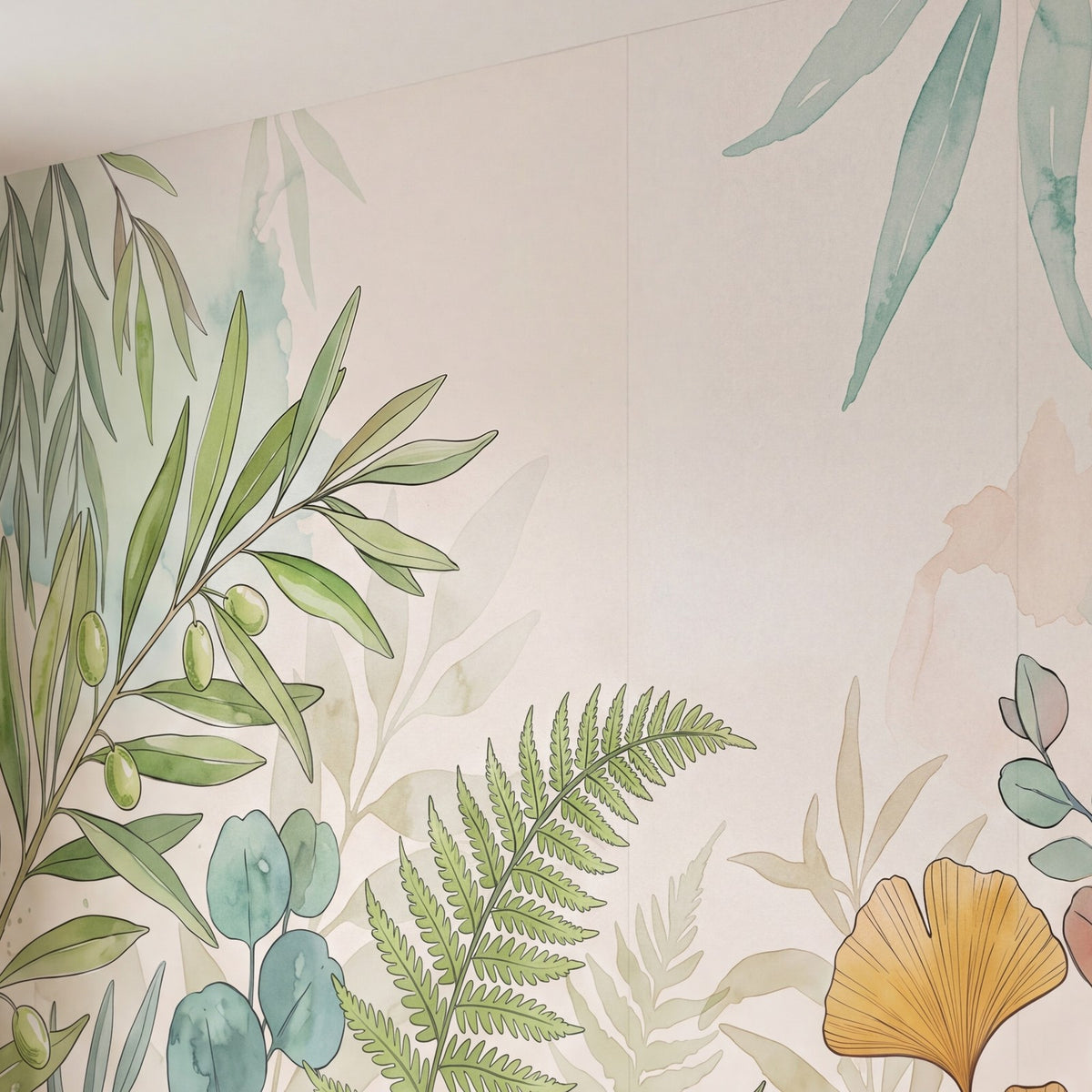 Papier peint Feuillage aquarelle posé, vu de plus près