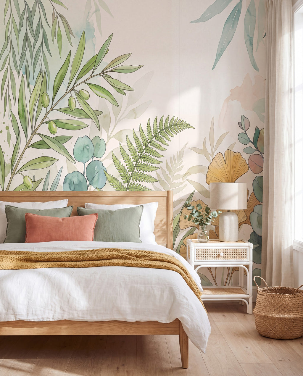 Papier peint panoramique Feuillage aquarelle dans une chambre, mise en situation