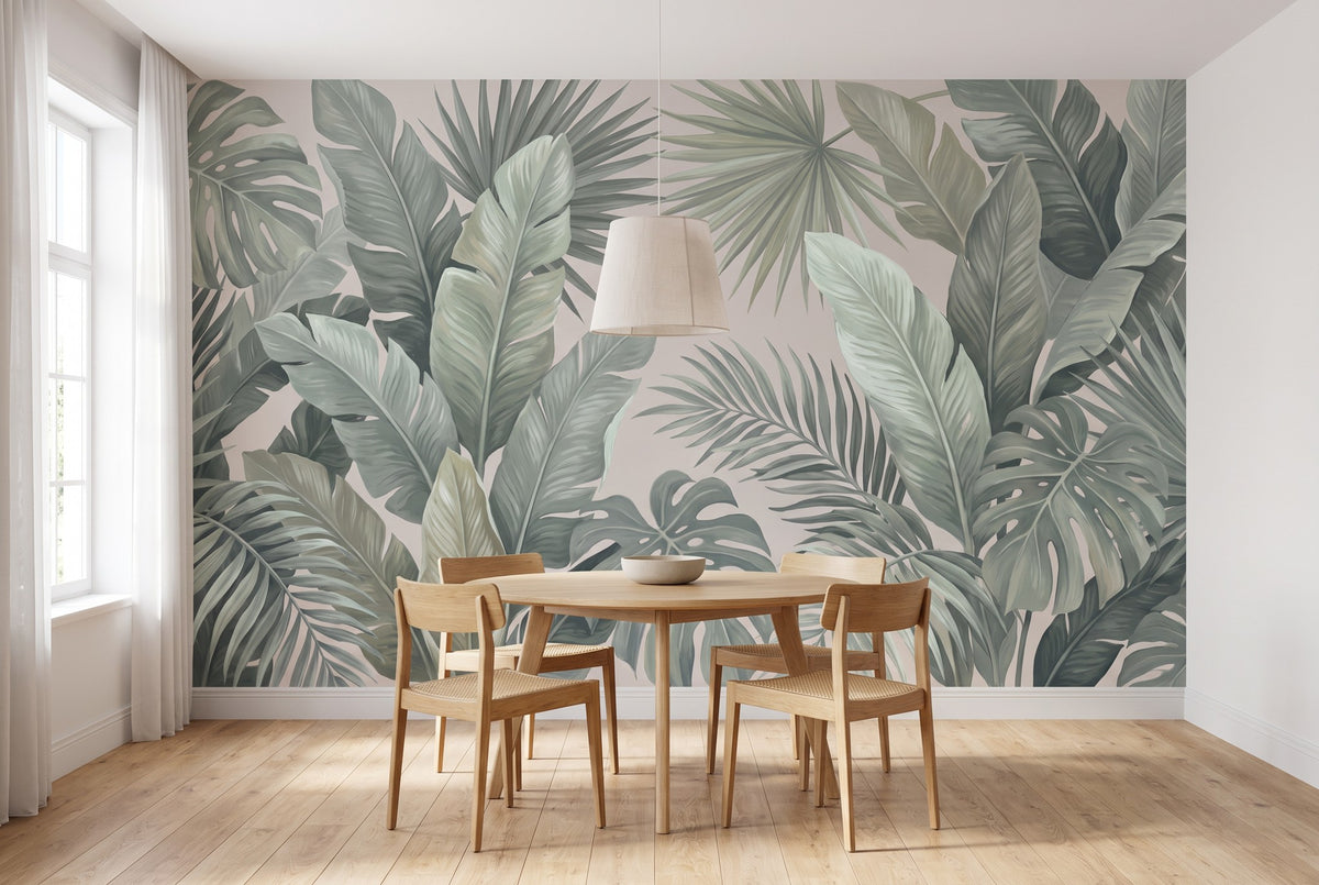 Papier peint panoramique Feuillage sauge posé sur tout le mur d'un coin repas, vue de la pièce entière