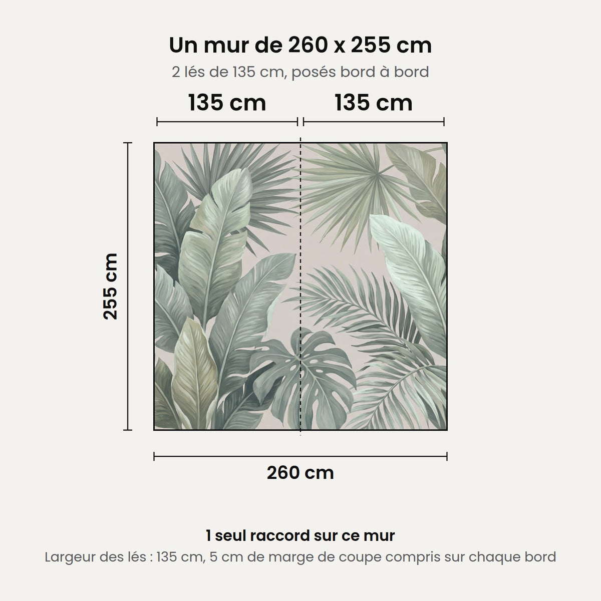 Schéma : un mur de 260 x 255 cm posé en 2 lés de 135 cm, 1 seul raccord