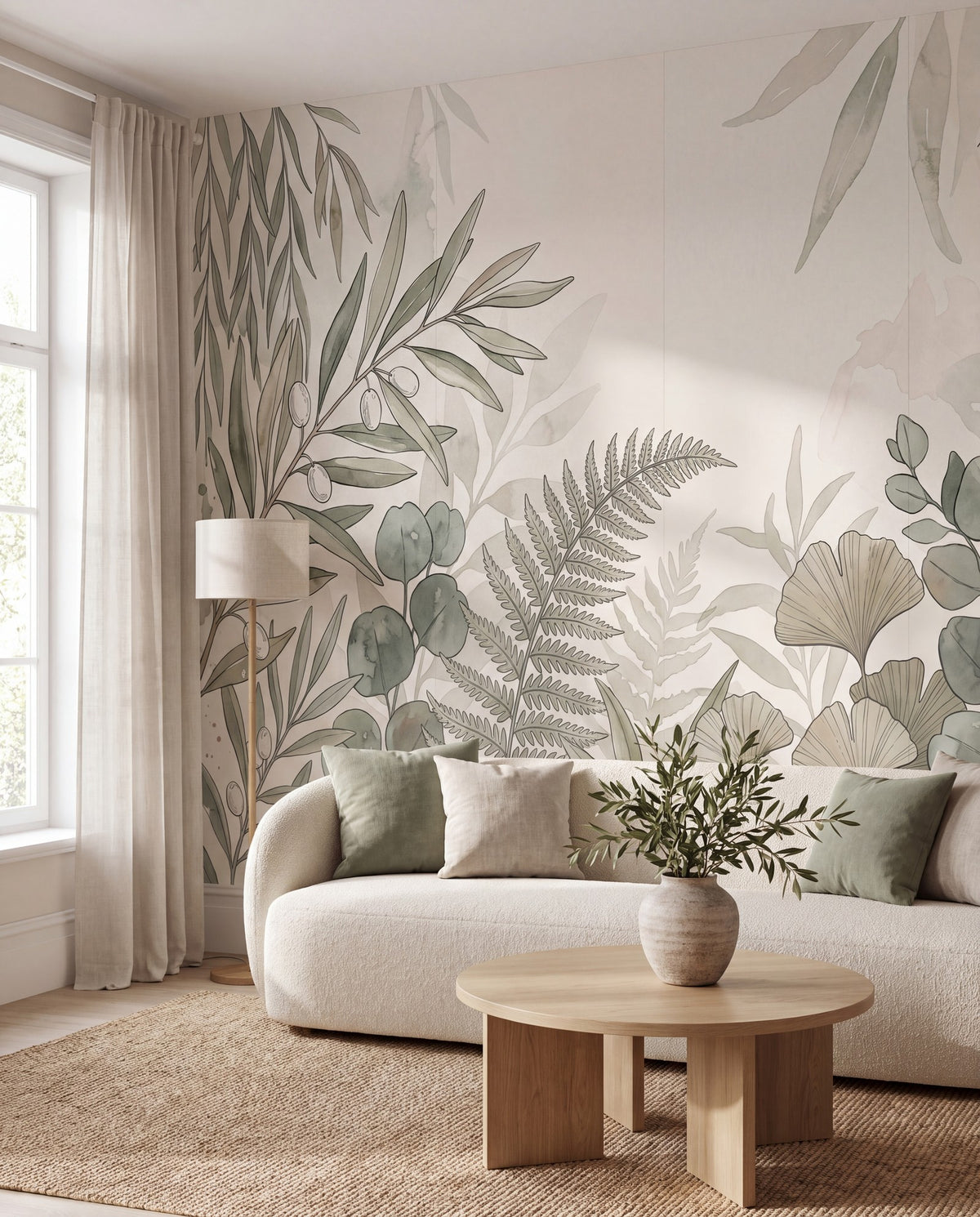 Papier peint panoramique Feuillage aquarelle tons doux dans un salon, mise en situation