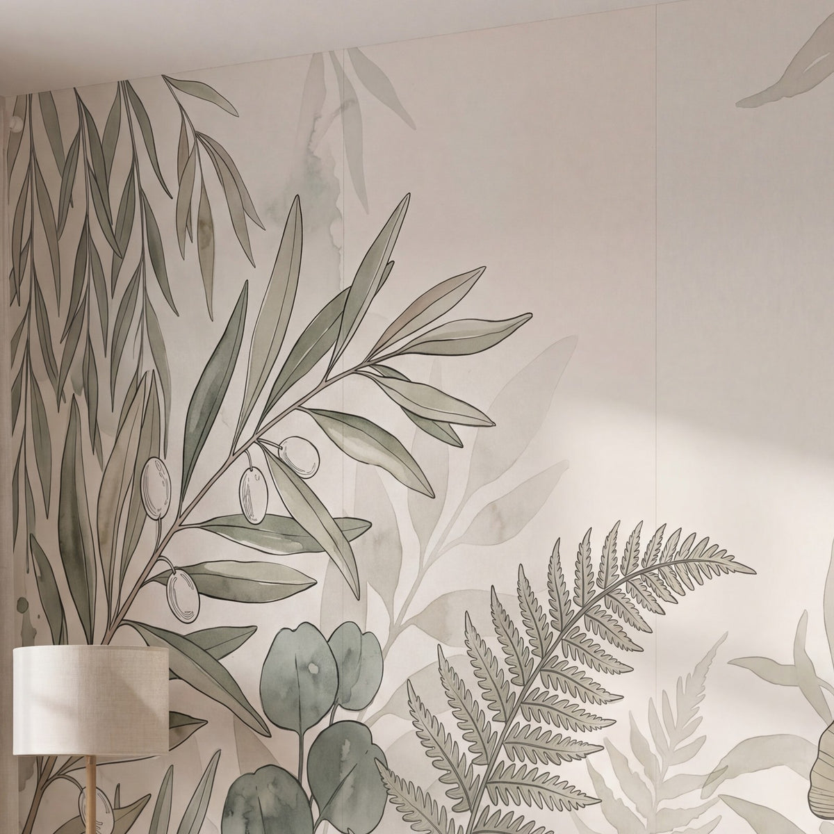 Papier peint Feuillage aquarelle tons doux posé, vu de plus près