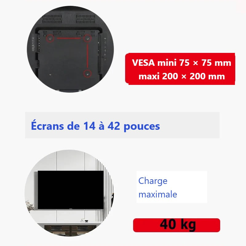 VESA de 75x75 à 200x200 mm, écrans de 14 à 42 pouces, charge 40 kg