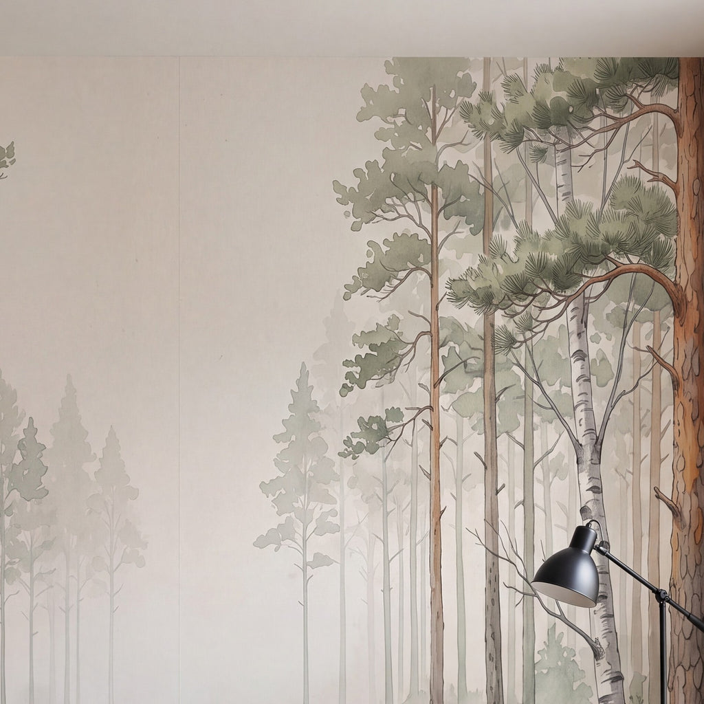 Papier peint Forêt dans la brume posé, vu de plus près