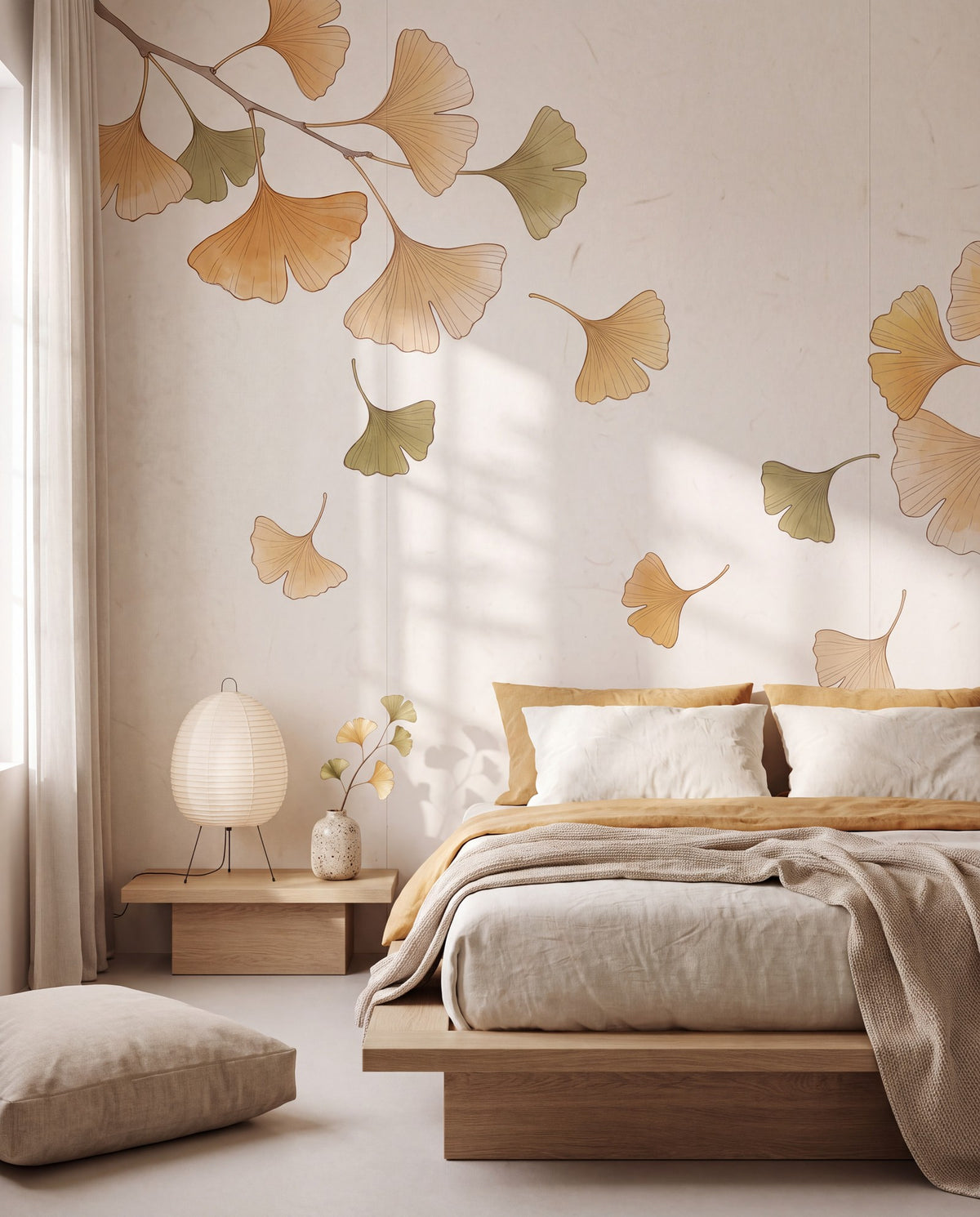 Papier peint panoramique Ginkgo dans une chambre, mise en situation