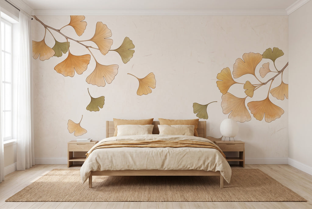 Papier peint panoramique Ginkgo posé sur tout le mur d'une chambre, vue de la pièce entière