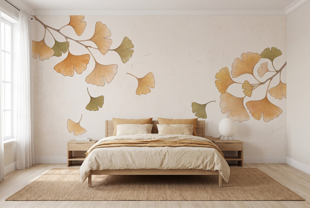 Papier peint panoramique Ginkgo posé sur tout le mur d'une chambre, vue de la pièce entière