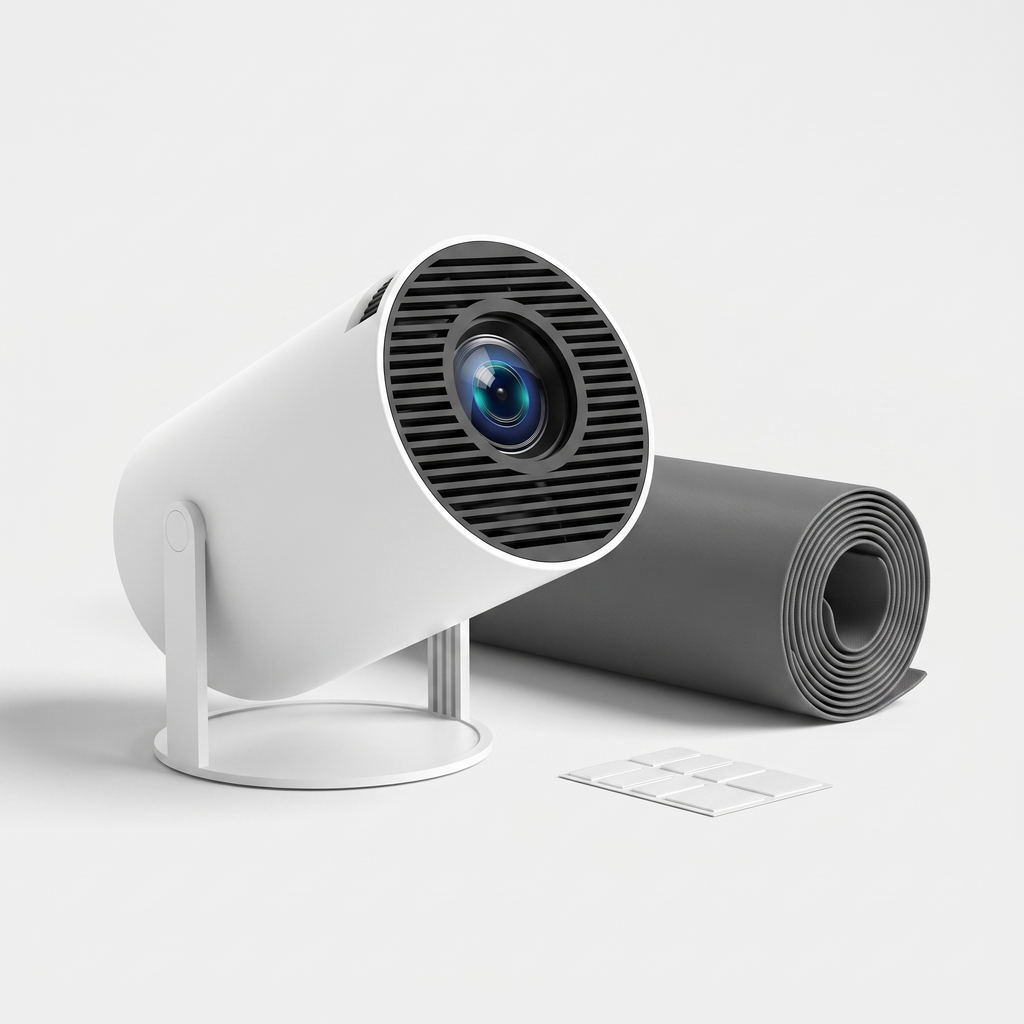 Le vidéoprojecteur HY300 Pro et sa toile grise roulée, avec les velcros adhésifs fournis