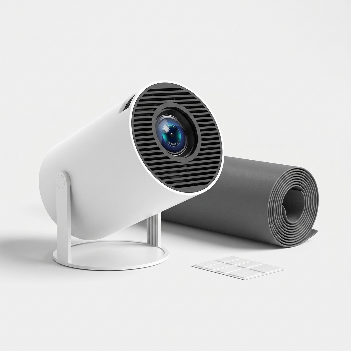 Le vidéoprojecteur HY300 Pro et sa toile grise roulée, avec les velcros adhésifs fournis