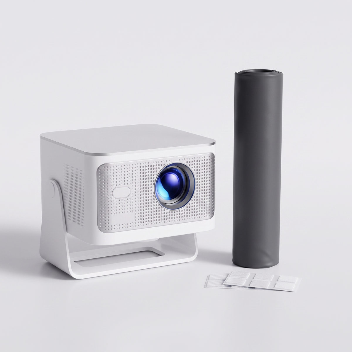 Le vidéoprojecteur HY350 Max et sa toile grise roulée, avec les velcros adhésifs fournis