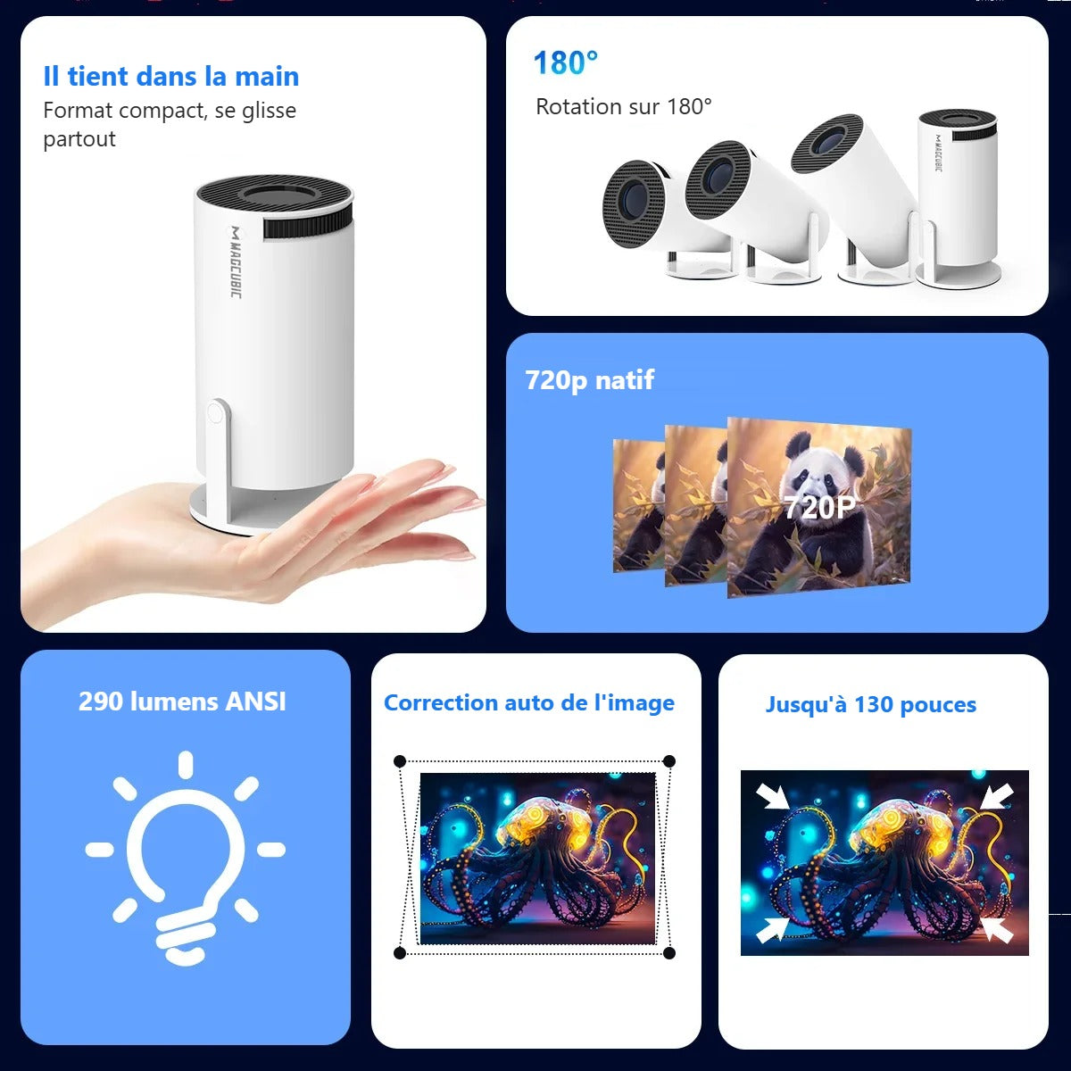 Tient dans la main, rotation 180°, 720p natif, 290 lumens ANSI, image jusqu'à 130 pouces