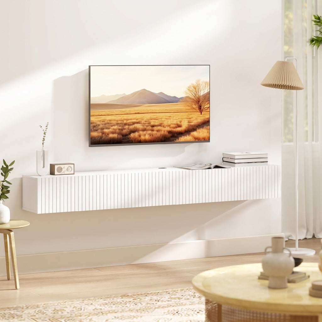 Meuble TV suspendu 180 cm blanc cannelé