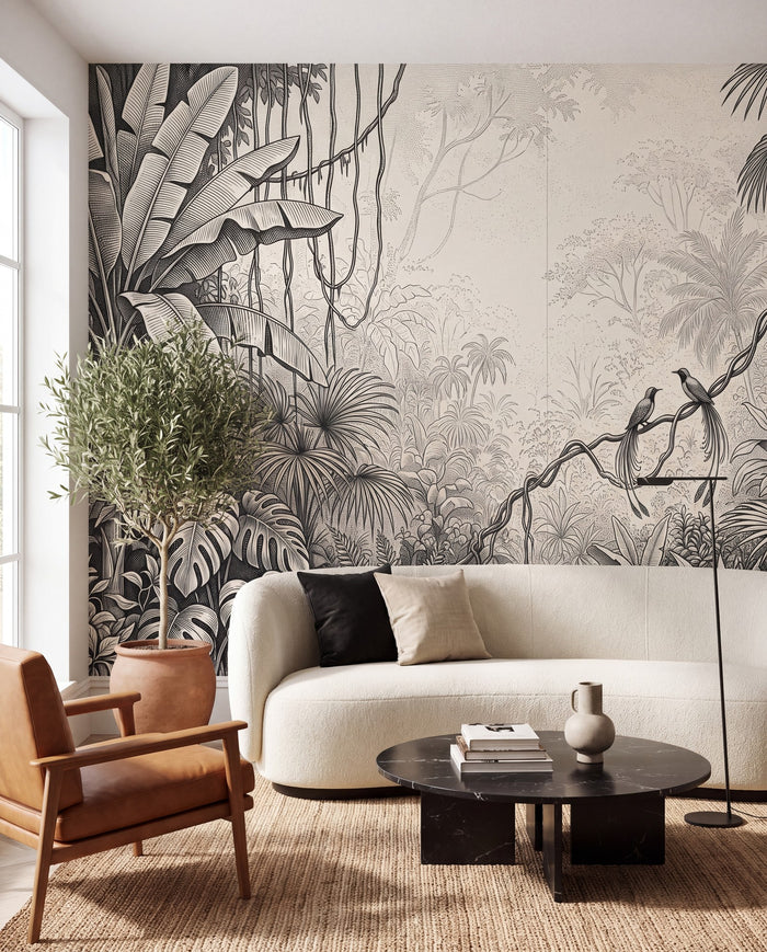 Papier peint panoramique Jungle à l'encre, noir et blanc, sur mesure