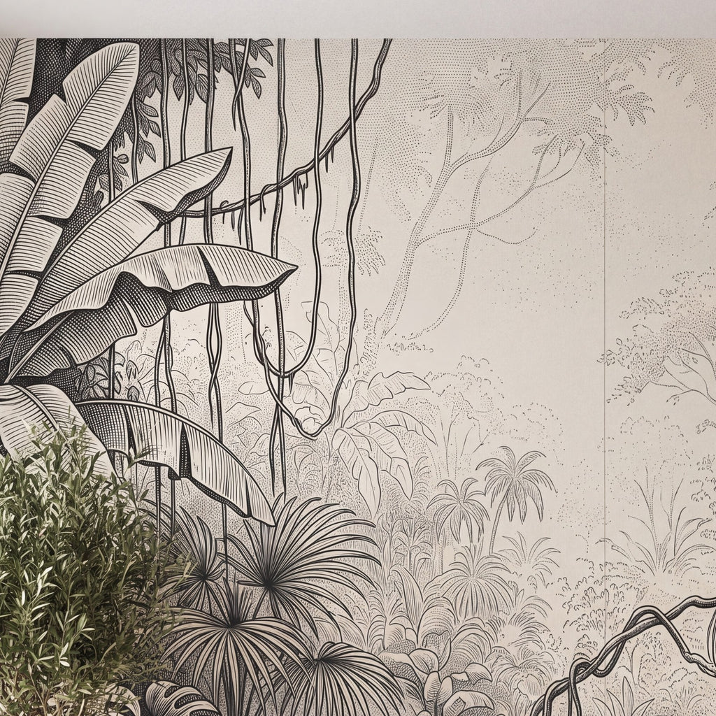 Papier peint Jungle à l'encre posé, vu de plus près