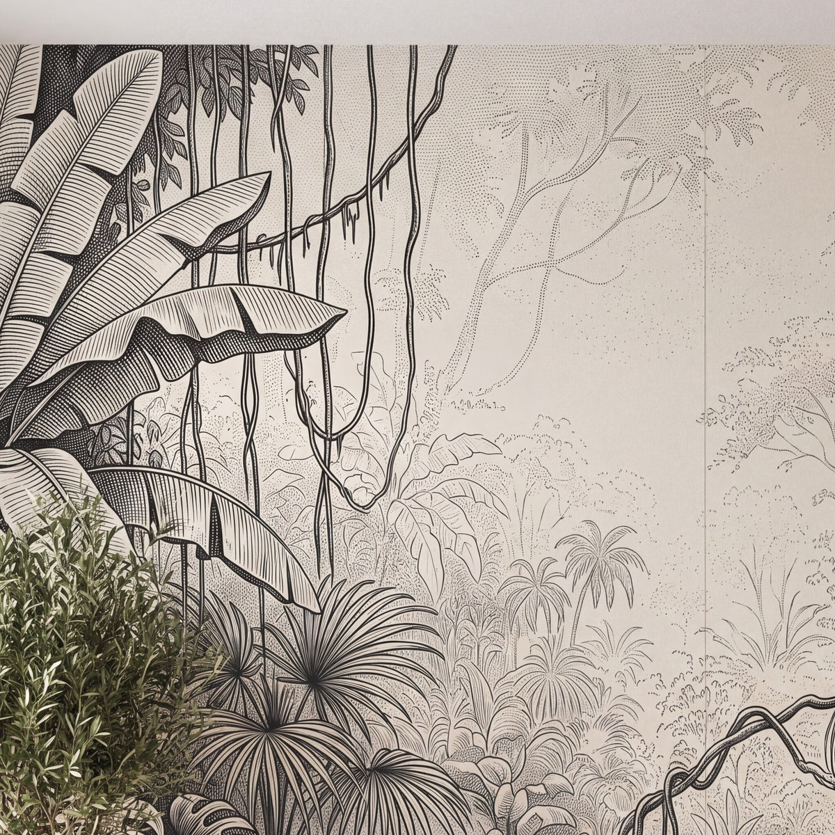 Papier peint Jungle à l'encre posé, vu de plus près