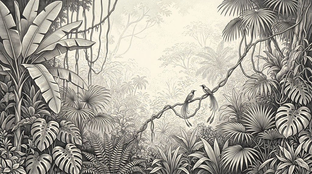 Dessin entier du panoramique Jungle à l'encre