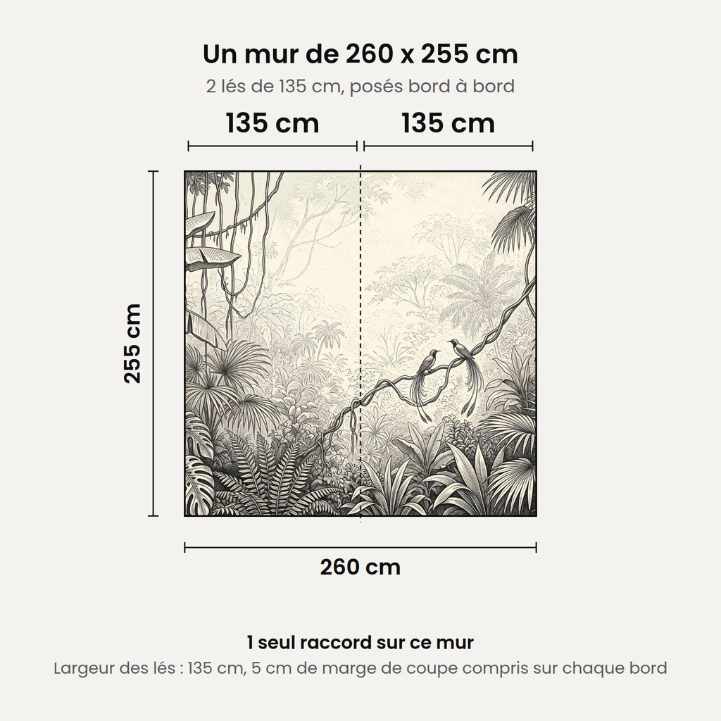 Schéma : un mur de 260 x 255 cm posé en 2 lés de 135 cm, 1 seul raccord
