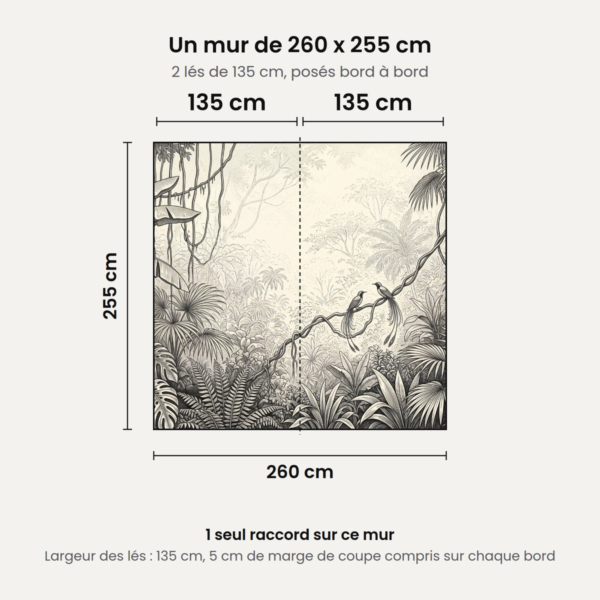Schéma : un mur de 260 x 255 cm posé en 2 lés de 135 cm, 1 seul raccord