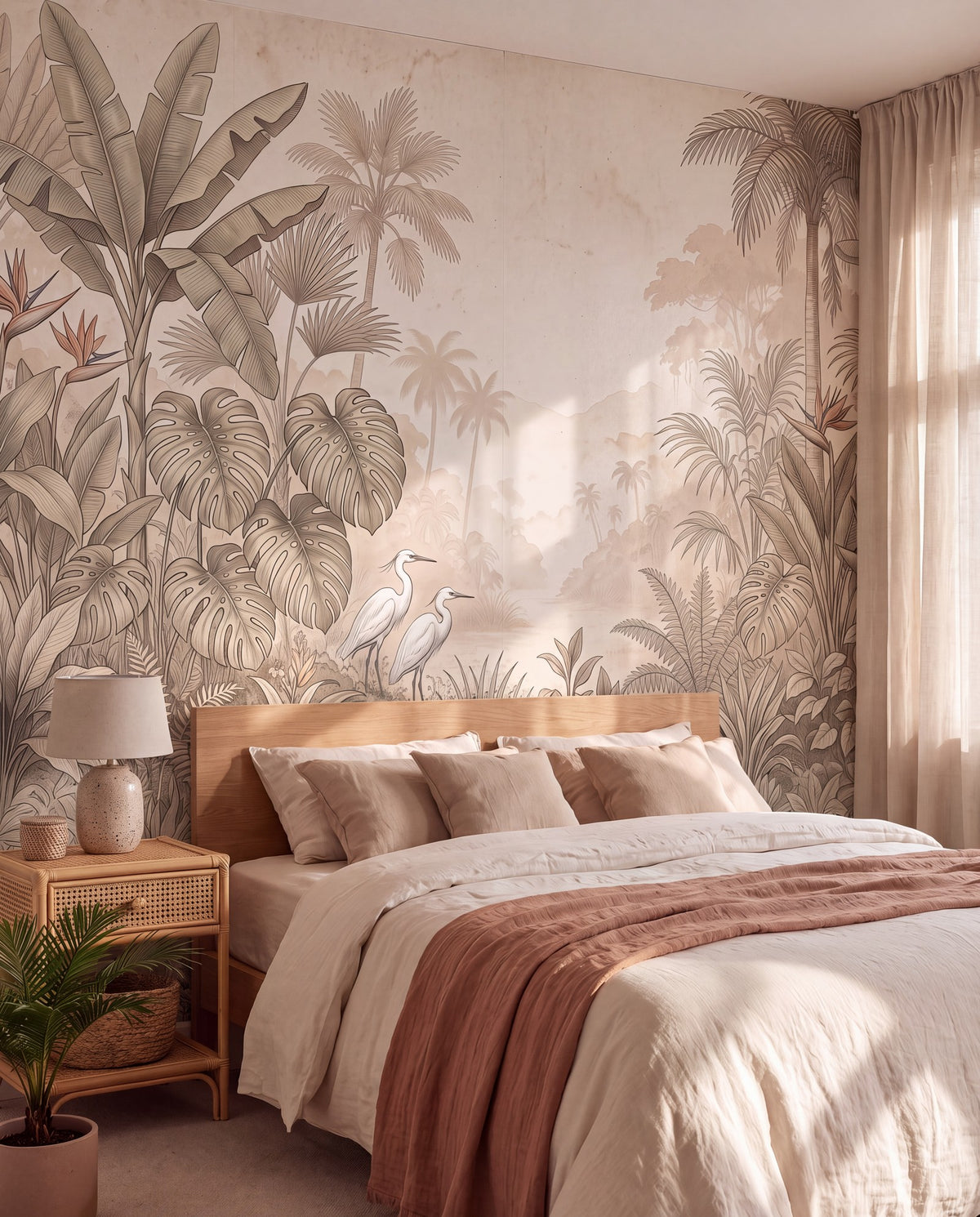 Papier peint panoramique Jungle aux hérons dans une chambre, mise en situation