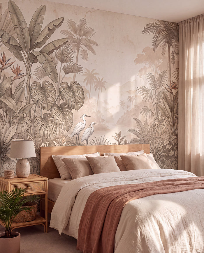 Papier peint panoramique Jungle aux hérons, sépia, sur mesure